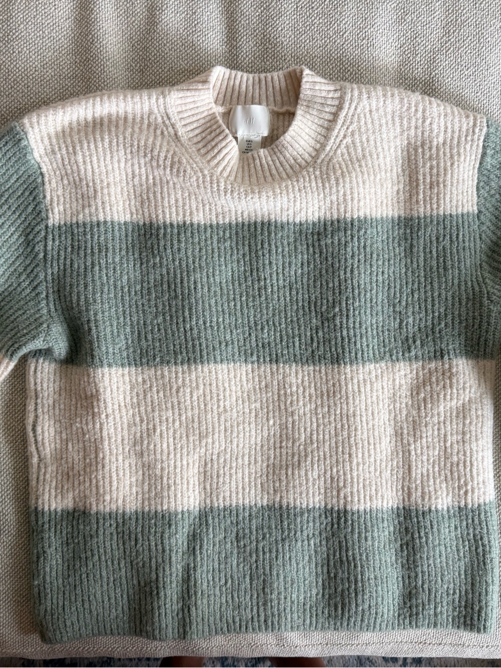 H&M Striped Crewneck Sweater in Sage Green and Cream